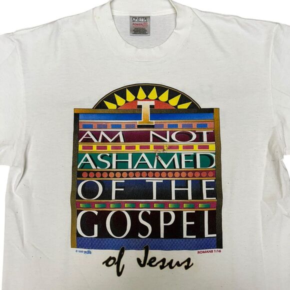Vintage Other - Vintage Jesus Shirt Mens‎ Large Romans 1:16 White Thrashed Single Stitch